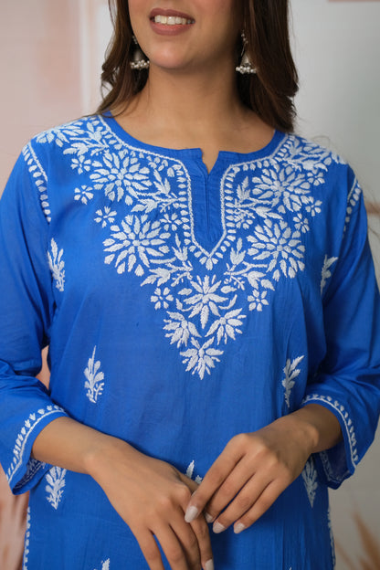 Blue Short Top – Mul Cotton Festive Wear with Lucknowi Work