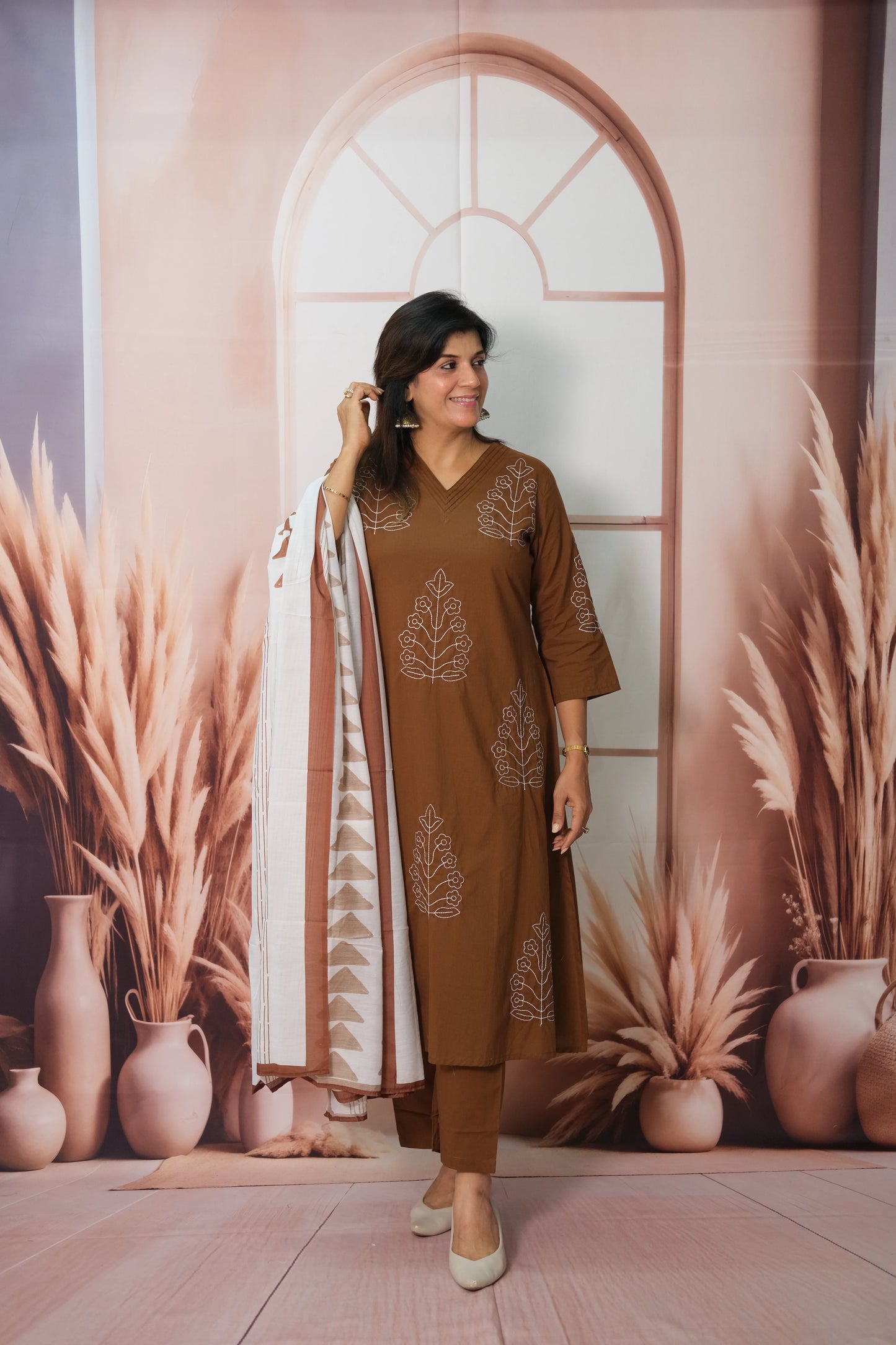 Russet Brown Dupatta Set in Soft Cotton with Embroidery & Printed Dupatta