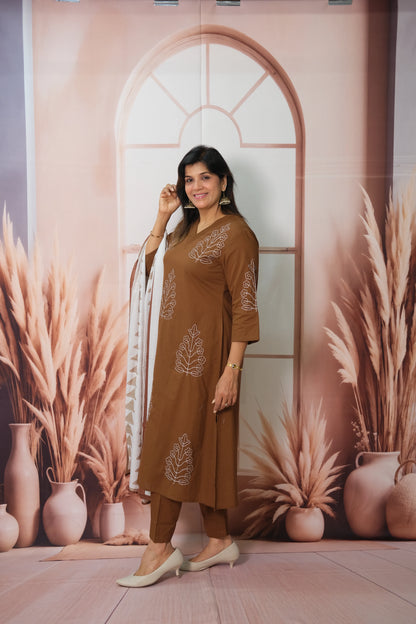 Russet Brown Dupatta Set in Soft Cotton with Embroidery & Printed Dupatta
