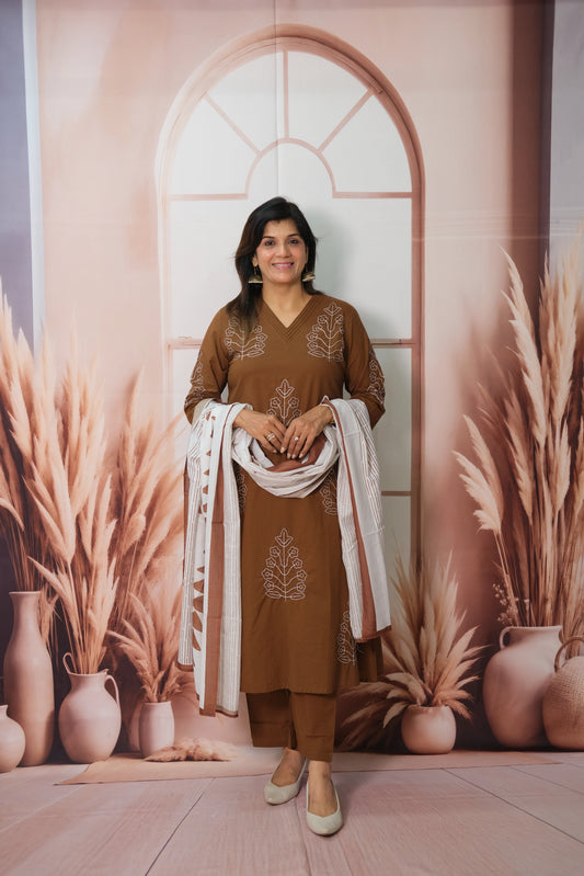 Russet Brown Dupatta Set in Soft Cotton with Embroidery & Printed Dupatta
