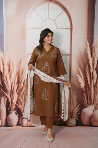 Russet Brown Dupatta Set in Soft Cotton with Embroidery & Printed Dupatta