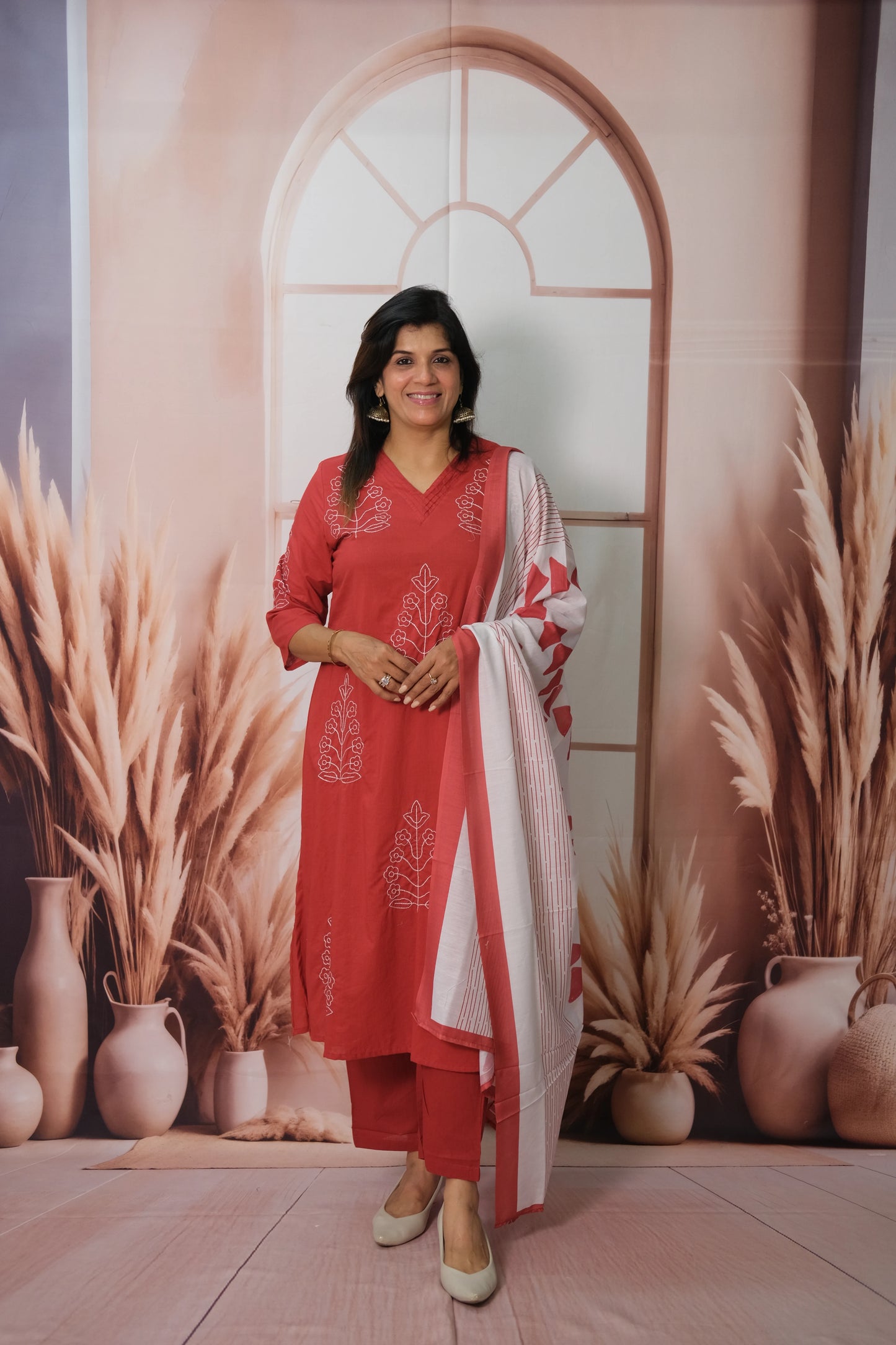 Red Dupatta Set in Soft Cotton with Embroidery & Printed Dupatta