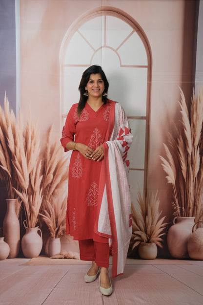 Red Dupatta Set in Soft Cotton with Embroidery & Printed Dupatta