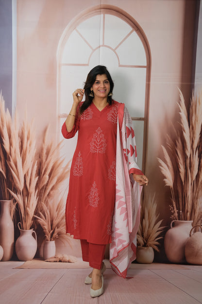 Red Dupatta Set in Soft Cotton with Embroidery & Printed Dupatta