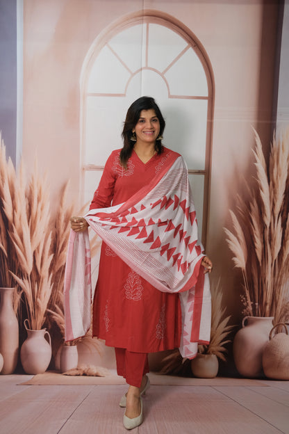 Red Dupatta Set in Soft Cotton with Embroidery & Printed Dupatta