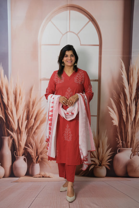 Red Dupatta Set in Soft Cotton with Embroidery & Printed Dupatta