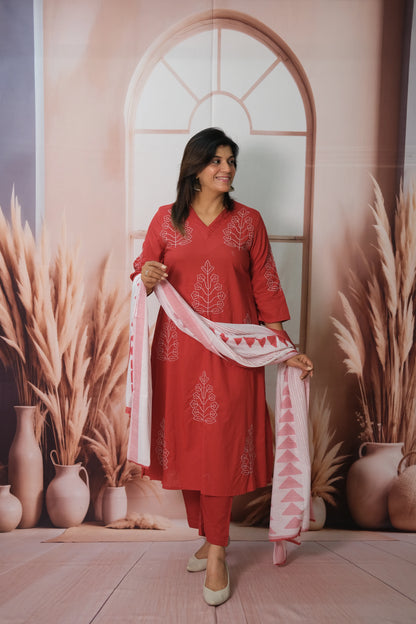 Red Dupatta Set in Soft Cotton with Embroidery & Printed Dupatta