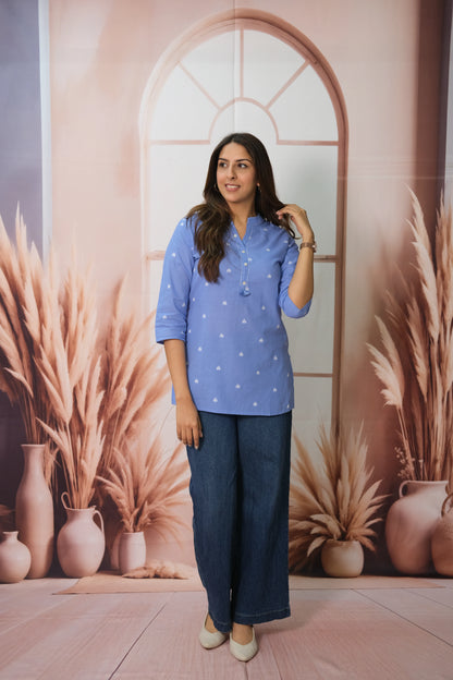 Blue Short Top – Khadi Cotton Daily Wear with Thread Design Detail