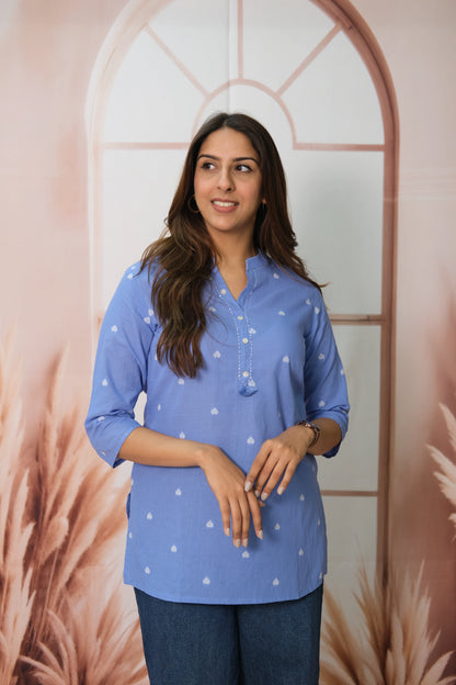 Blue Short Top – Khadi Cotton Daily Wear with Thread Design Detail
