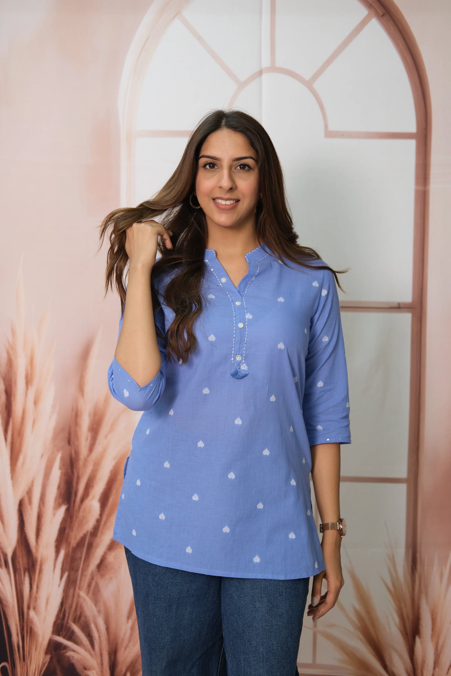 Blue Short Top – Khadi Cotton Daily Wear with Thread Design Detail