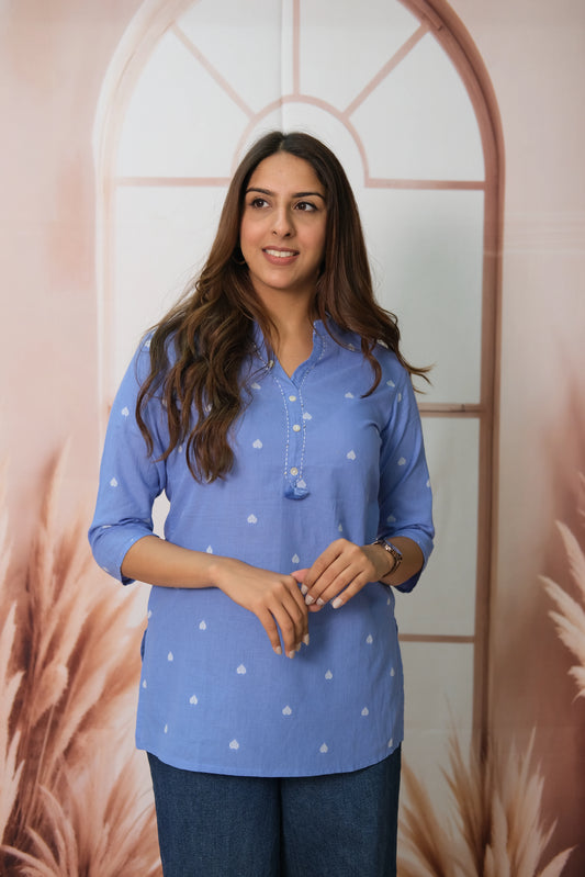Blue Short Top – Khadi Cotton Daily Wear with Thread Design Detail