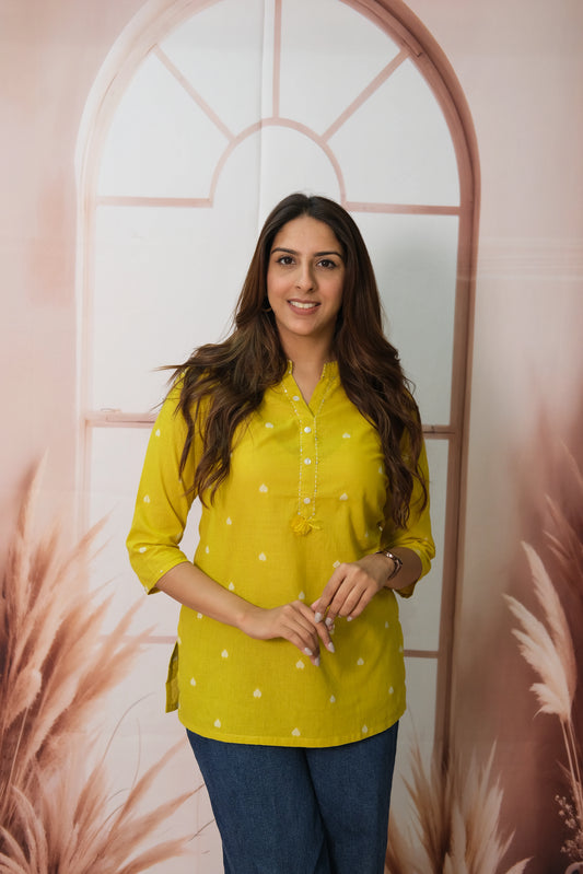 Yellow Short Top – Khadi Cotton Daily Wear with Thread Design Detail