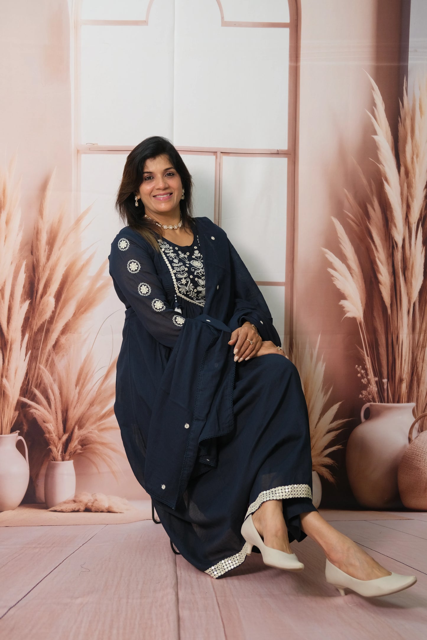 Dark Blue A-Line Dupatta Set in Mul Cotton with Embroidery – Timeless Festive Elegance