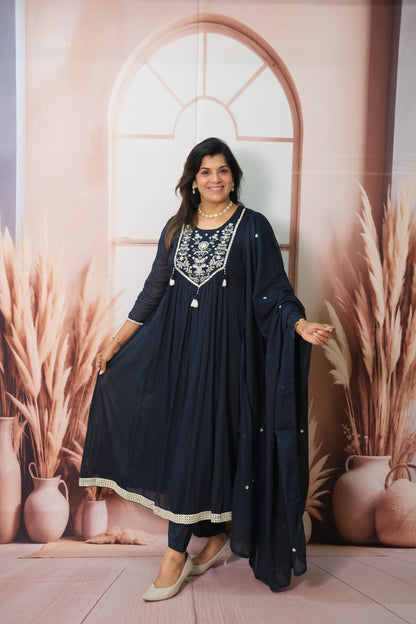 Dark Blue A-Line Dupatta Set in Mul Cotton with Embroidery – Timeless Festive Elegance