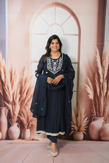 Dark Blue A-Line Dupatta Set in Mul Cotton with Embroidery – Timeless Festive Elegance