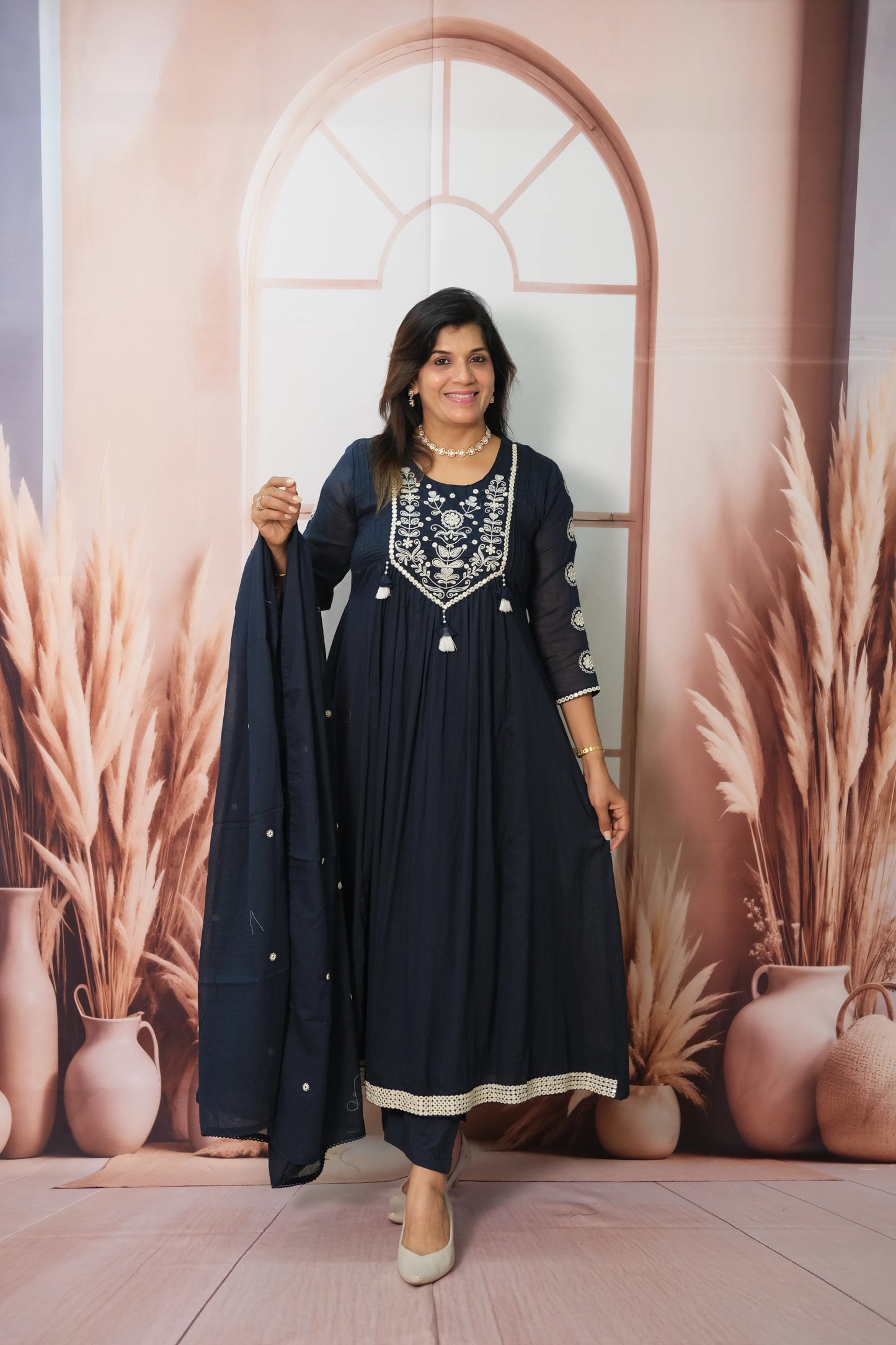 Dark Blue A-Line Dupatta Set in Mul Cotton with Embroidery – Timeless Festive Elegance