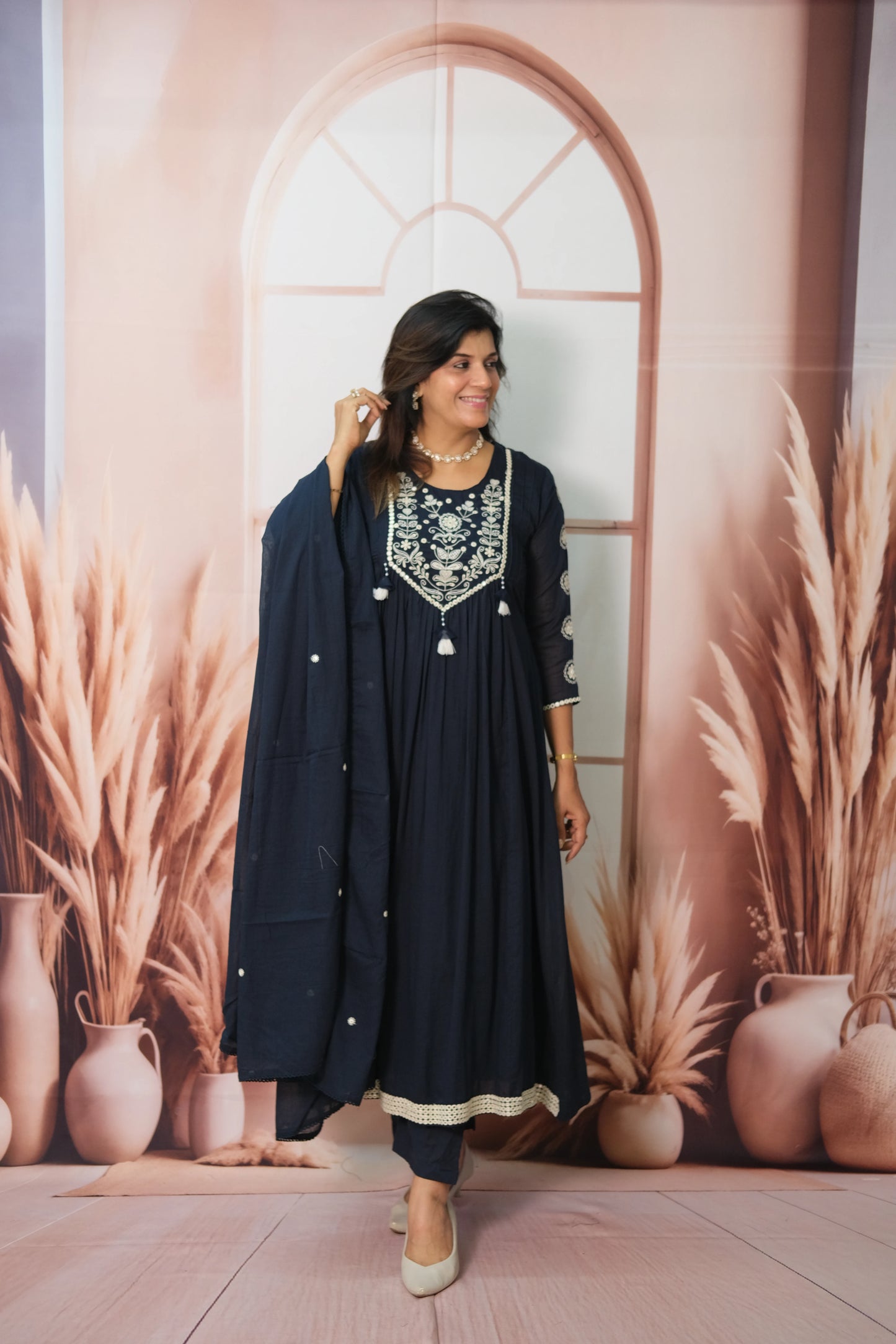 Dark Blue A-Line Dupatta Set in Mul Cotton with Embroidery – Timeless Festive Elegance