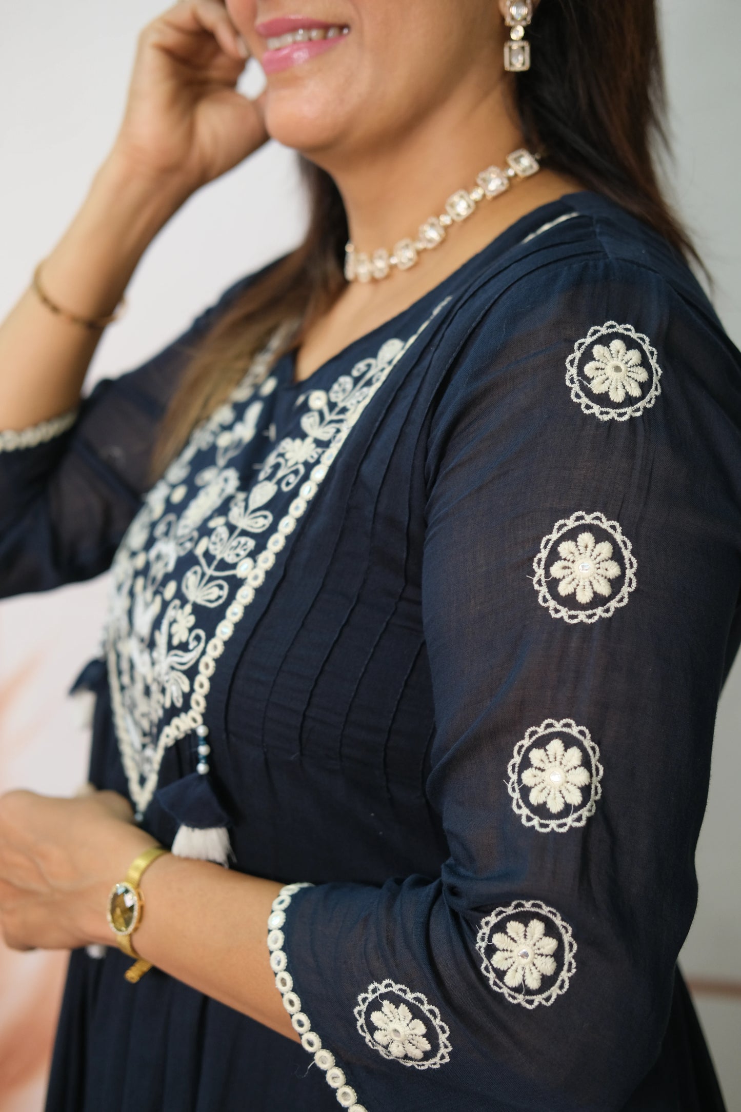 Dark Blue A-Line Dupatta Set in Mul Cotton with Embroidery – Timeless Festive Elegance