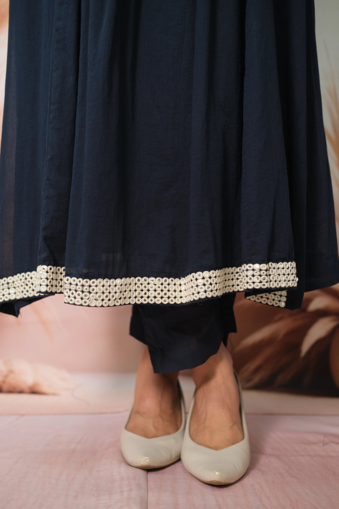 Dark Blue A-Line Dupatta Set in Mul Cotton with Embroidery – Timeless Festive Elegance