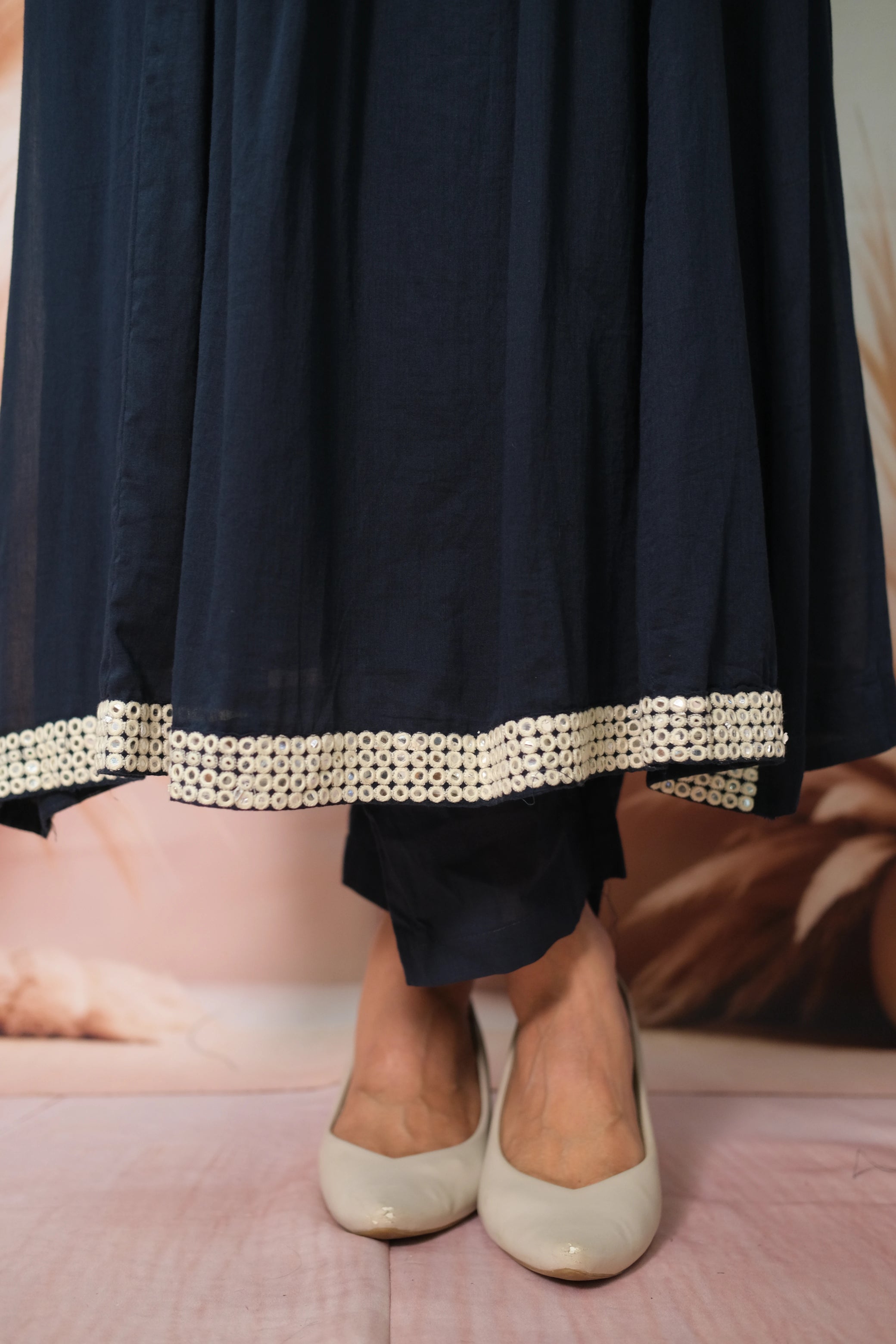 Dark Blue A-Line Dupatta Set in Mul Cotton with Embroidery – Timeless Festive Elegance