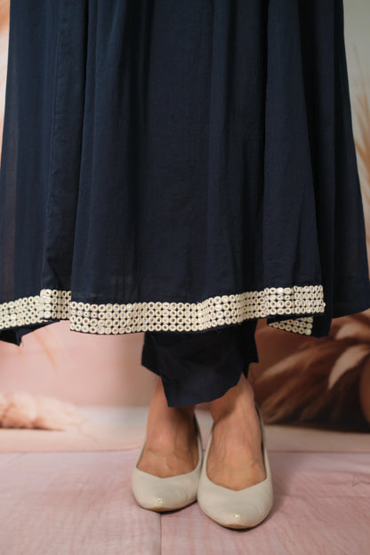 Dark Blue A-Line Dupatta Set in Mul Cotton with Embroidery – Timeless Festive Elegance