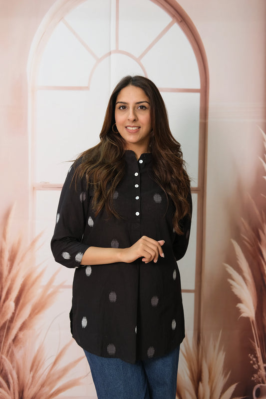 Black Short Top – Cotton Daily Wear with Printed Polka Dot Charm