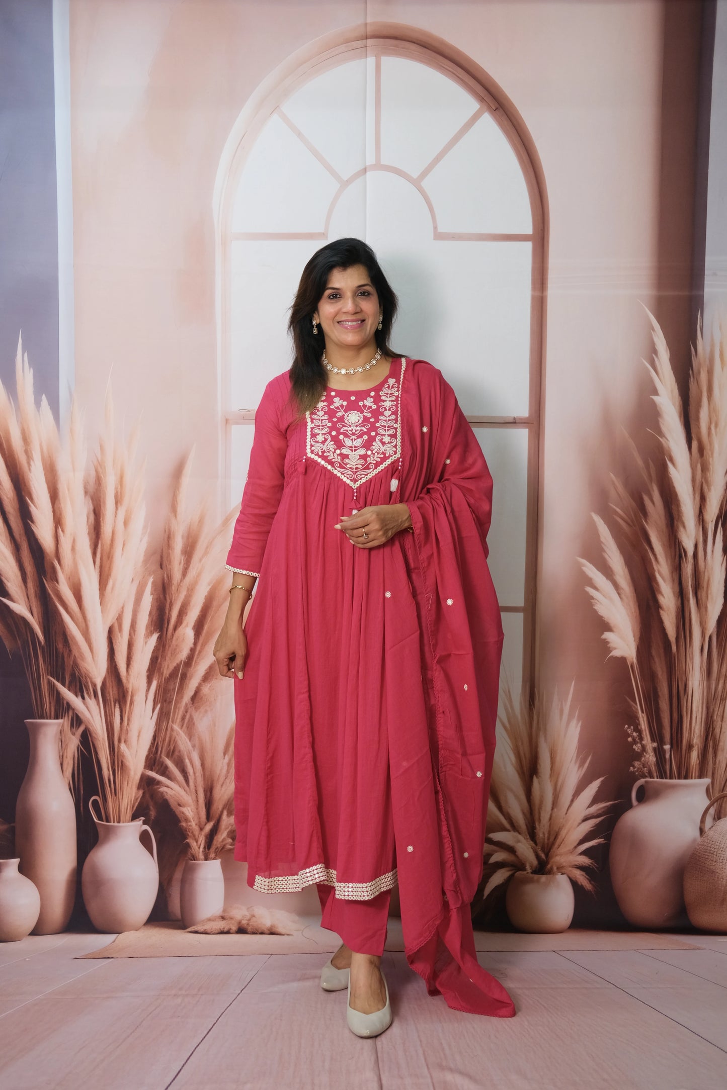 Rani Pink A-Line Dupatta Set in Mul Cotton with Embroidery – Timeless Festive Elegance