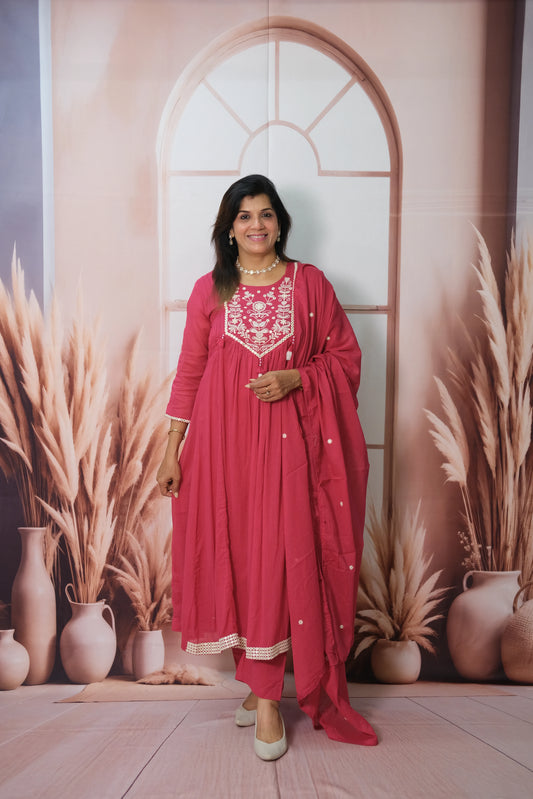 Rani Pink A-Line Dupatta Set in Mul Cotton with Embroidery – Timeless Festive Elegance
