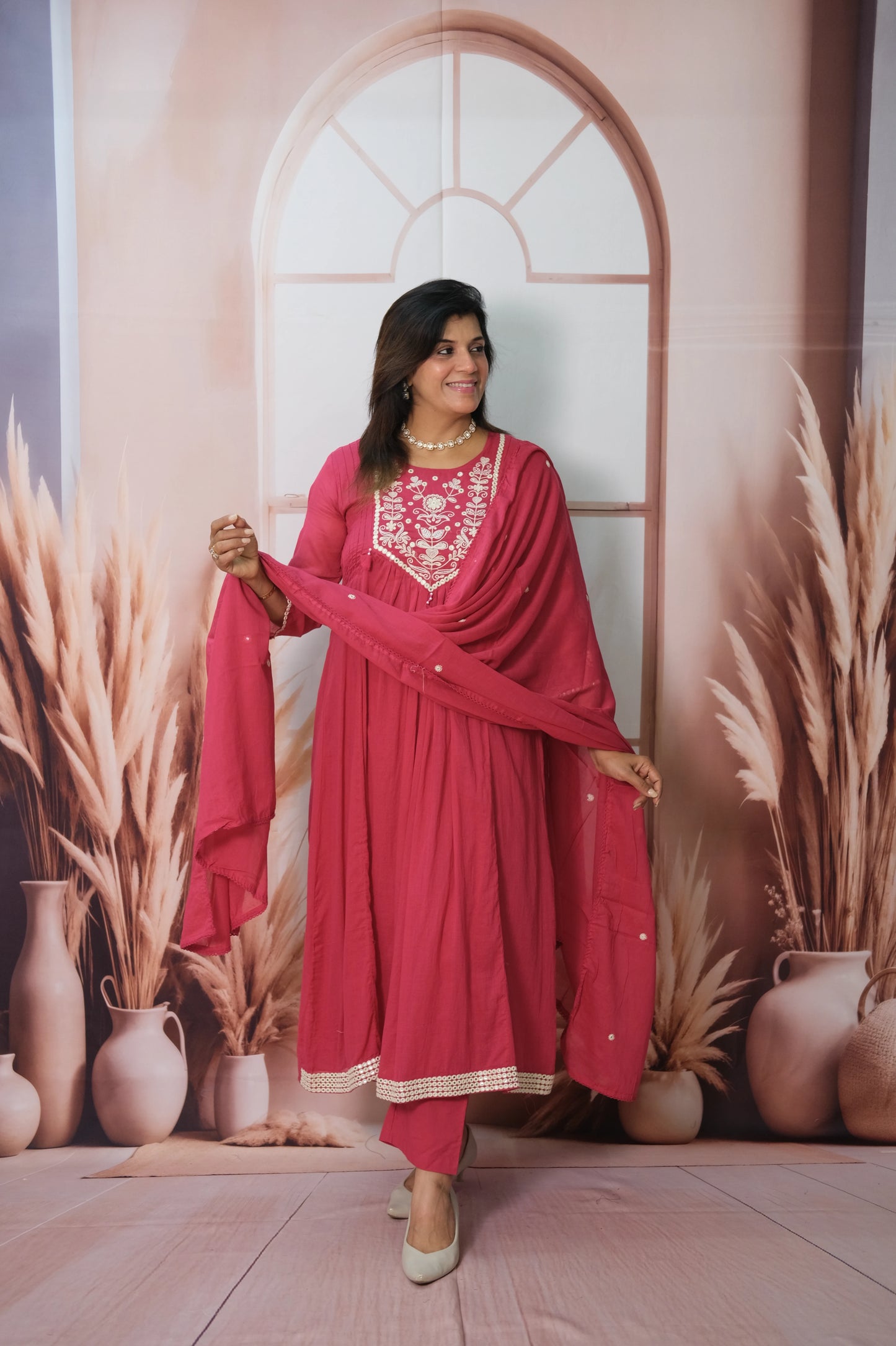 Rani Pink A-Line Dupatta Set in Mul Cotton with Embroidery – Timeless Festive Elegance