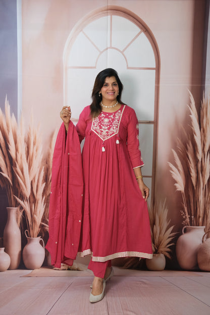 Rani Pink A-Line Dupatta Set in Mul Cotton with Embroidery – Timeless Festive Elegance