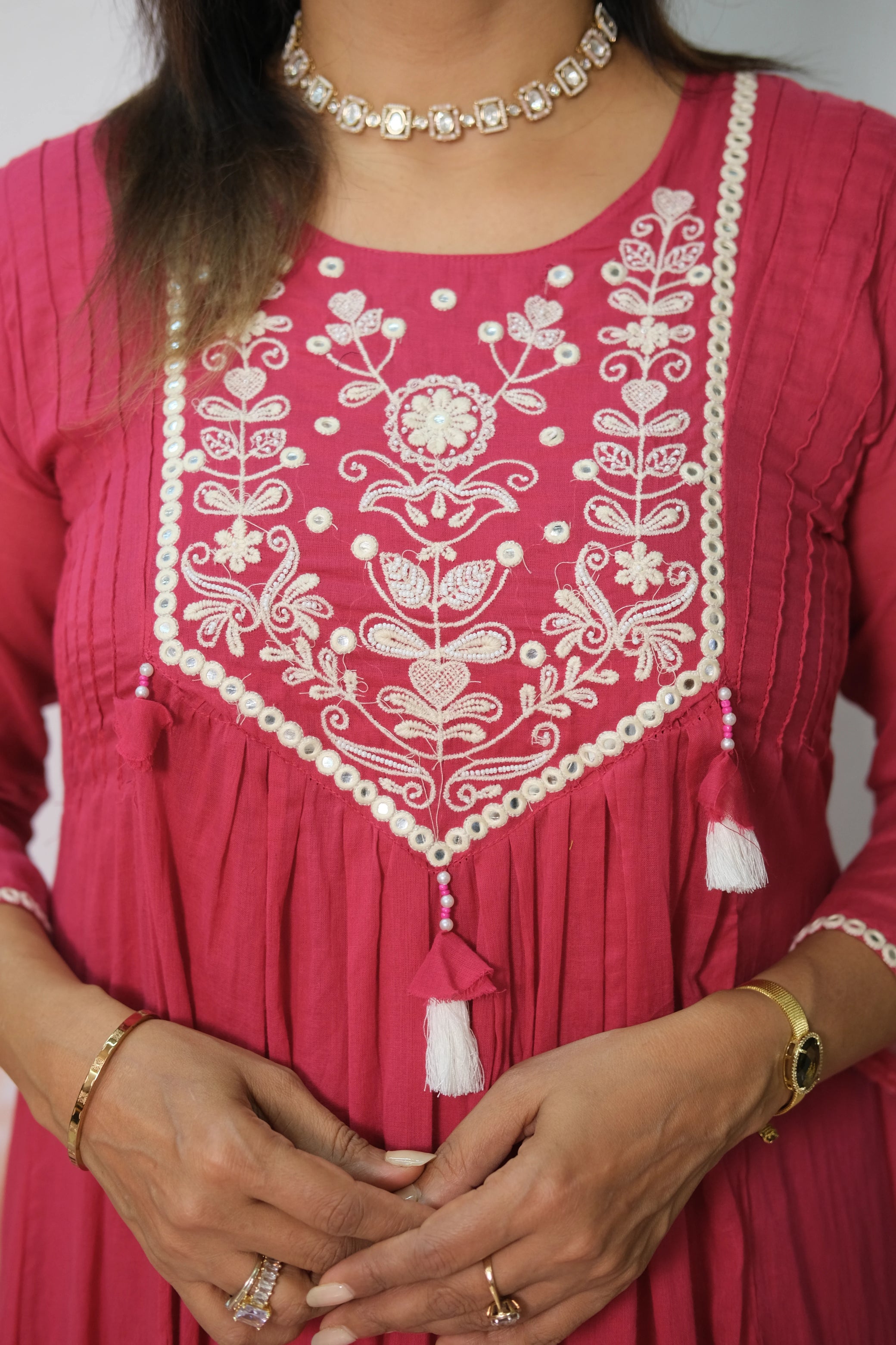 Rani Pink A-Line Dupatta Set in Mul Cotton with Embroidery – Timeless Festive Elegance