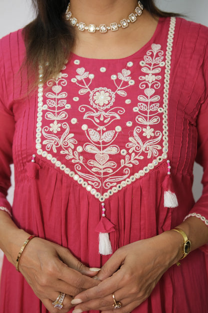 Rani Pink A-Line Dupatta Set in Mul Cotton with Embroidery – Timeless Festive Elegance