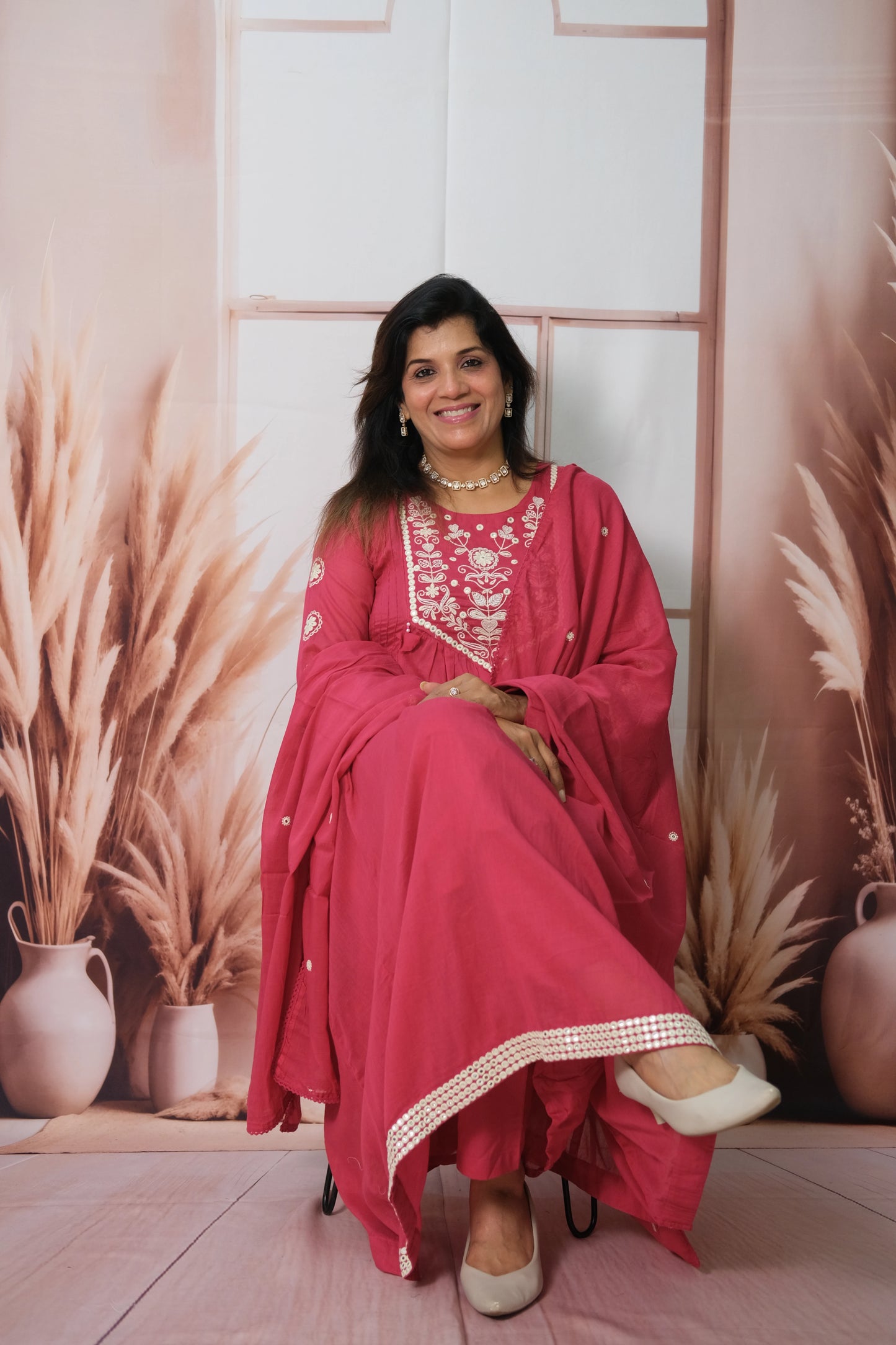 Rani Pink A-Line Dupatta Set in Mul Cotton with Embroidery – Timeless Festive Elegance