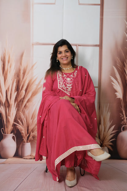 Rani Pink A-Line Dupatta Set in Mul Cotton with Embroidery – Timeless Festive Elegance