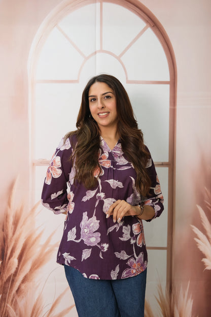 Purple Short Top – Soft Cotton Daily Wear with Printed Elegance