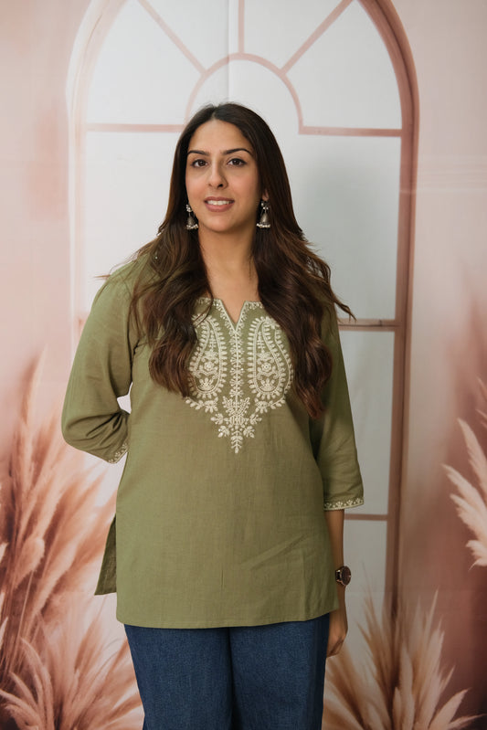 Olive Green Short Top – Flex Cotton Daily Wear with Lucknowi Work