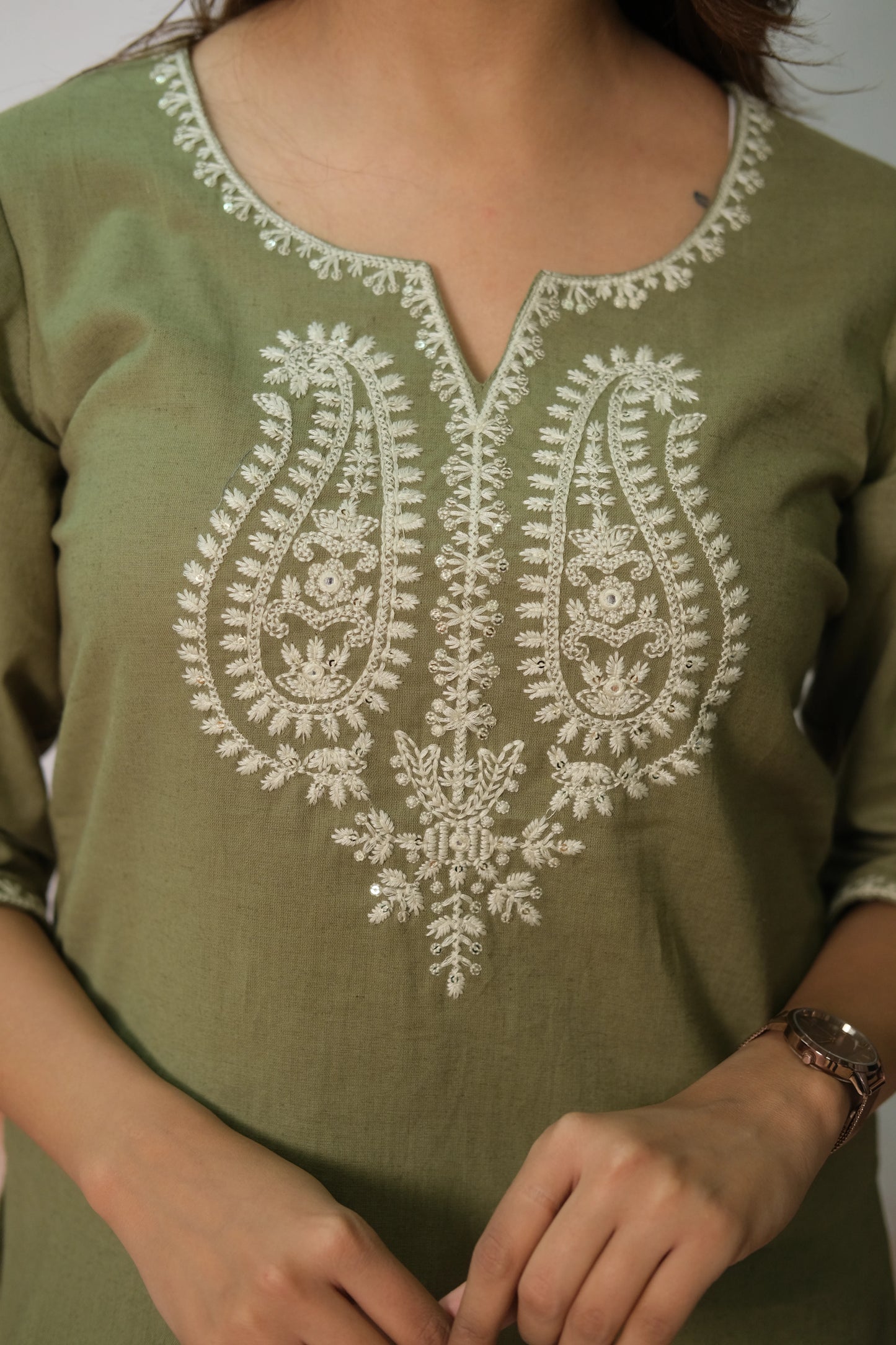Olive Green Short Top – Flex Cotton Daily Wear with Lucknowi Work