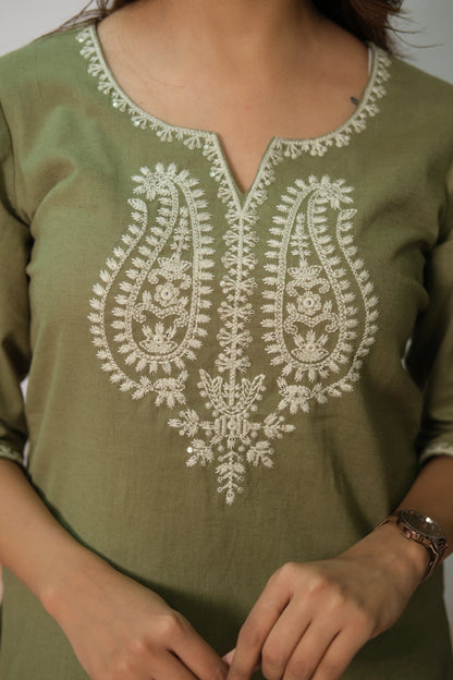 Olive Green Short Top – Flex Cotton Daily Wear with Lucknowi Work