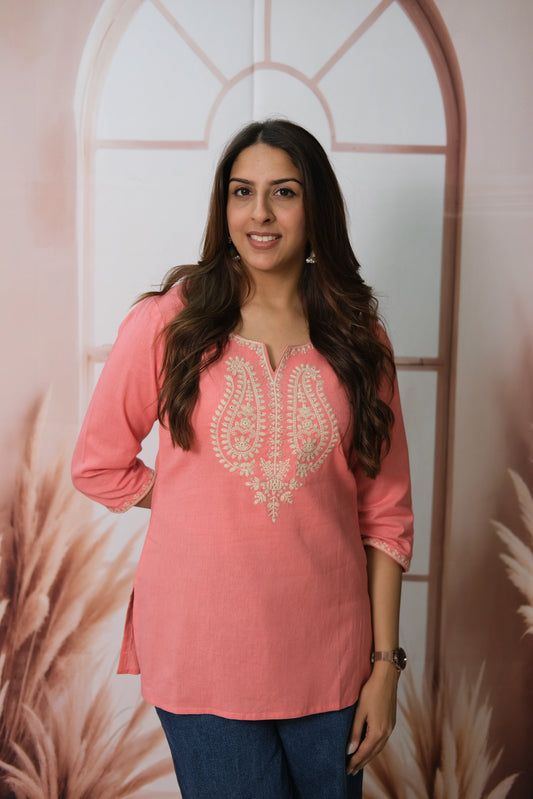 Peach Short Top – Flex Cotton Daily Wear with Lucknowi Work