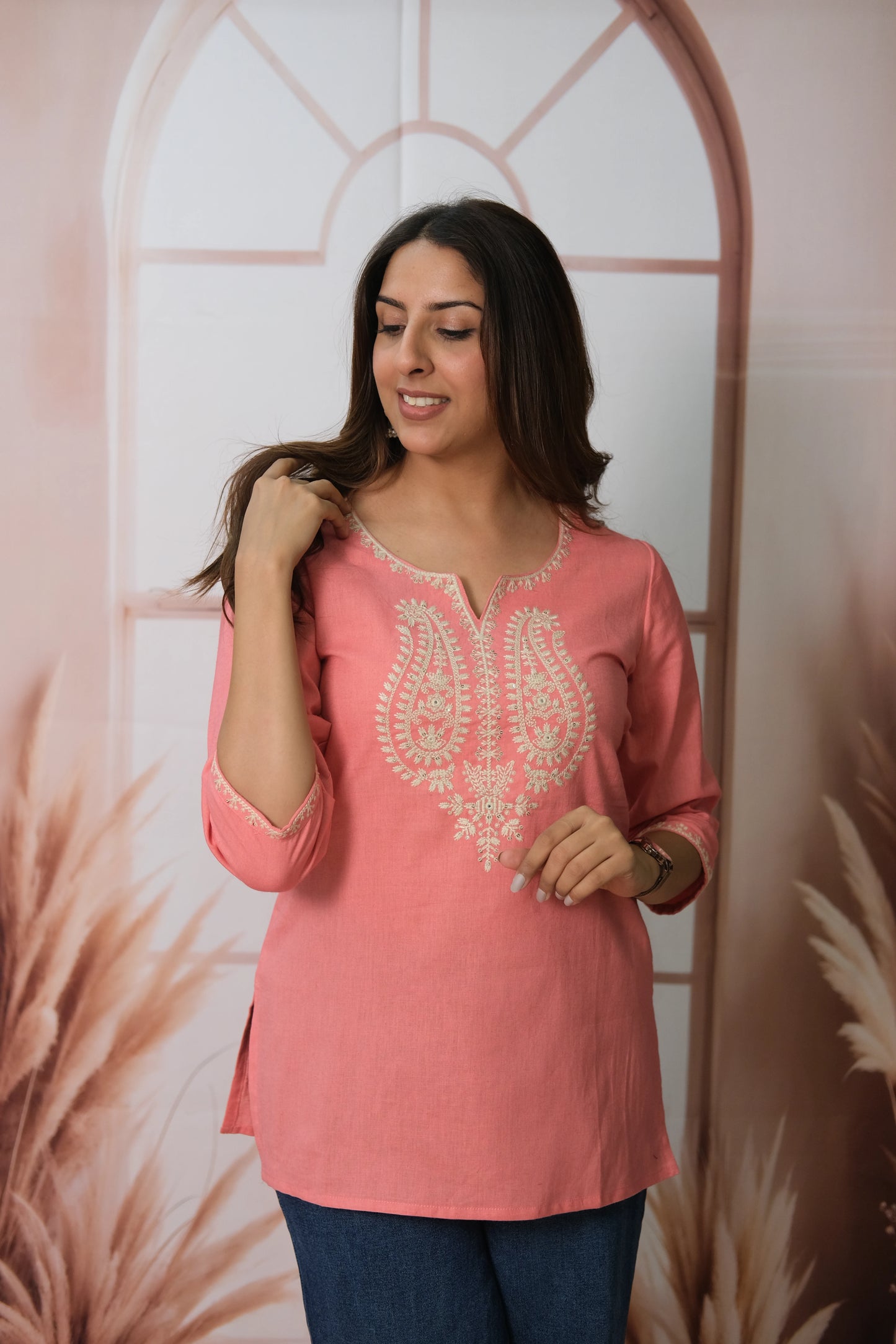 Peach Short Top – Flex Cotton Daily Wear with Lucknowi Work
