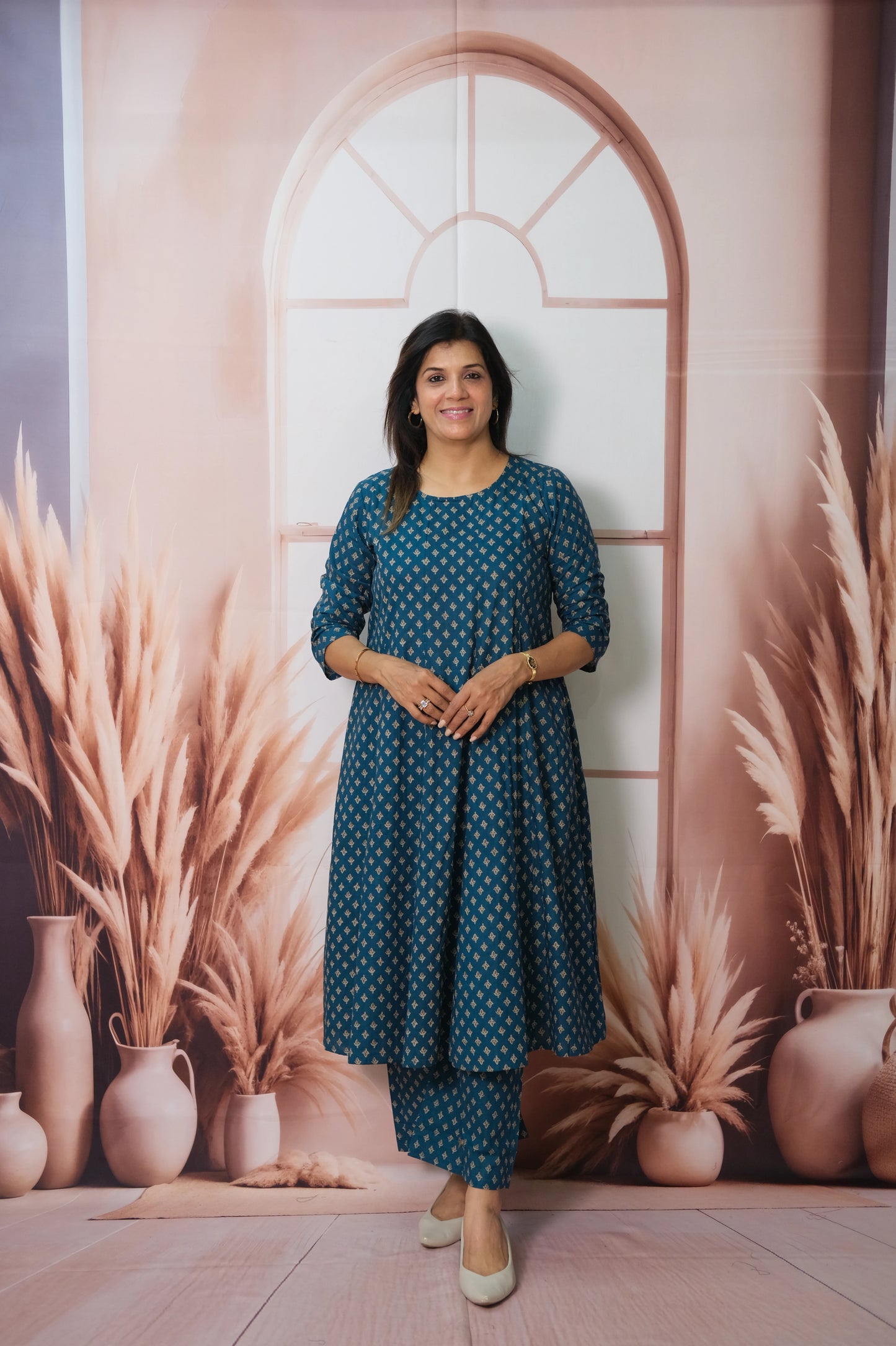 Dark Rama Kurta Pant Set with Shrug – Printed Cotton Elegance