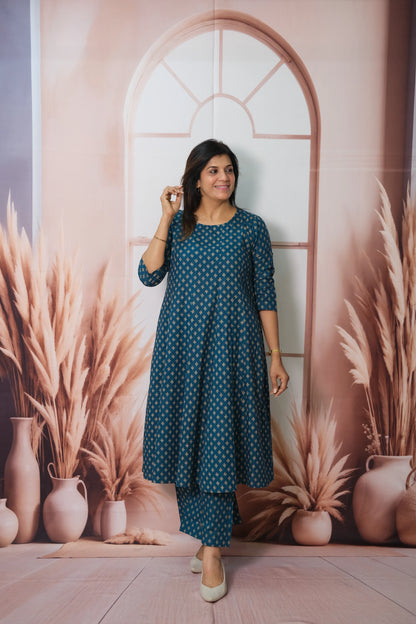 Dark Rama Kurta Pant Set with Shrug – Printed Cotton Elegance