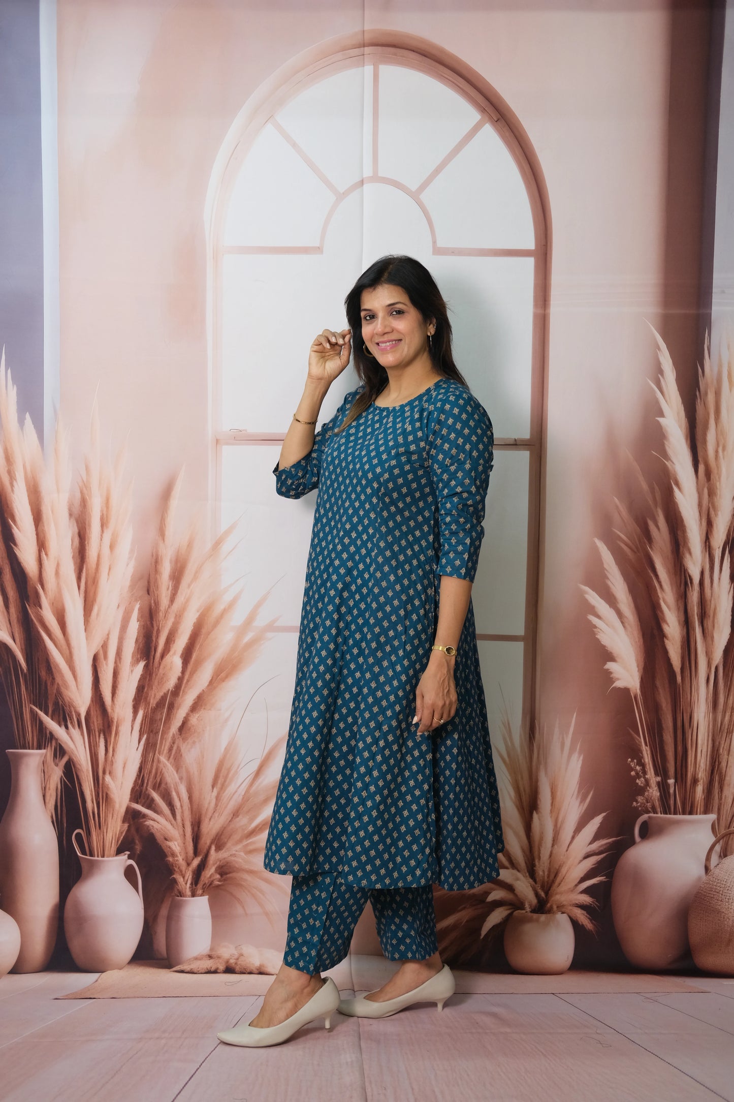 Dark Rama Kurta Pant Set with Shrug – Printed Cotton Elegance