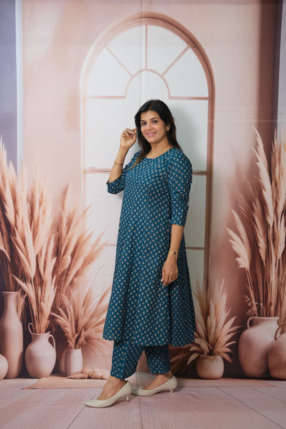 Dark Rama Kurta Pant Set with Shrug – Printed Cotton Elegance