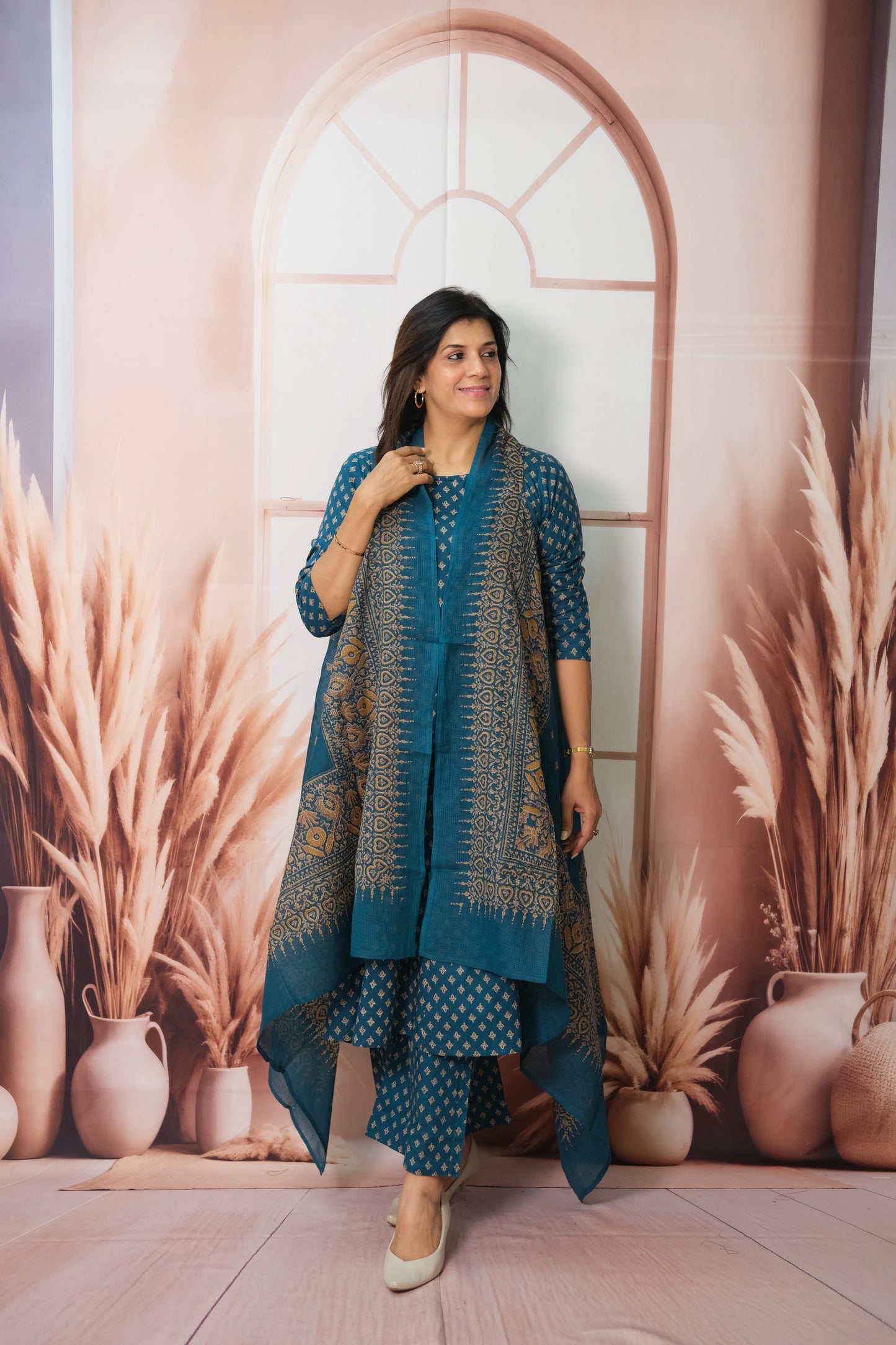 Dark Rama Kurta Pant Set with Shrug – Printed Cotton Elegance