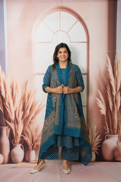 Dark Rama Kurta Pant Set with Shrug – Printed Cotton Elegance