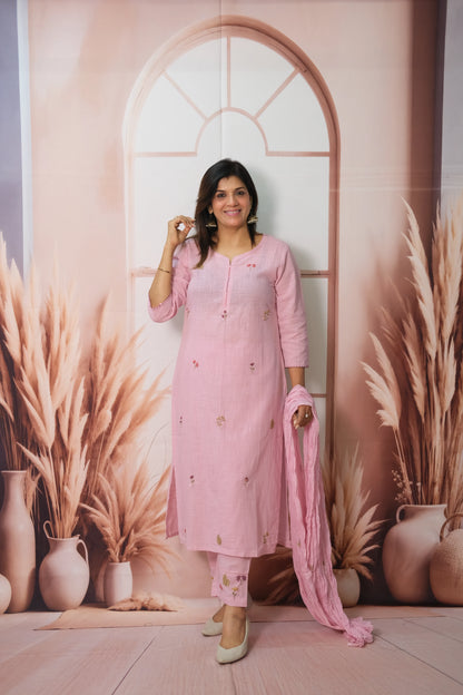 Baby Pink Kurta Pant with Dupatta in Flex Cotton with Embroidery