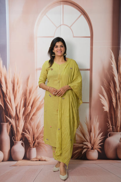 Pistachio Green Kurta Pant with Dupatta in Flex Cotton with Embroidery