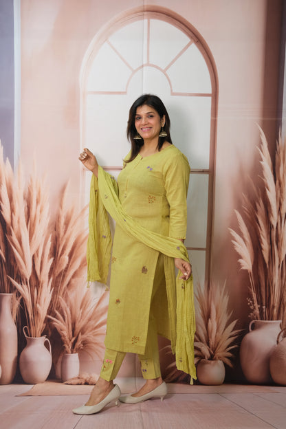 Pistachio Green Kurta Pant with Dupatta in Flex Cotton with Embroidery