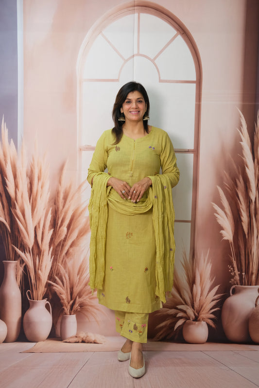 Pistachio Green Kurta Pant with Dupatta in Flex Cotton with Embroidery